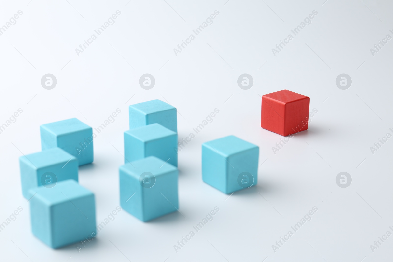 Photo of Red cube in front of blue ones on white background. Competition concept