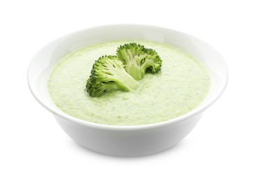 Photo of Delicious broccoli cream soup in bowl isolated on white