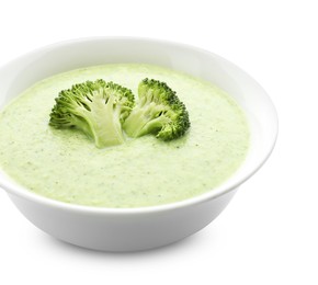 Photo of Delicious broccoli cream soup in bowl isolated on white