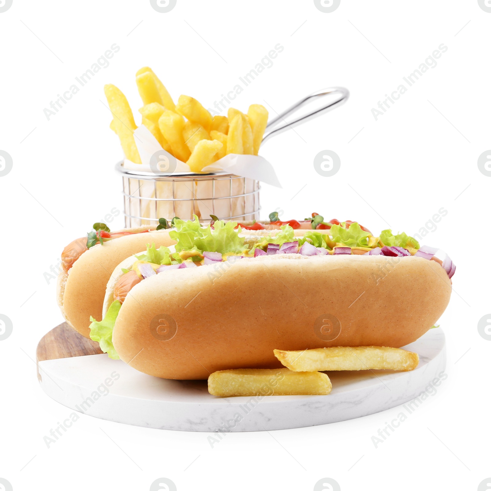 Photo of Tasty hot dogs with fries isolated on white