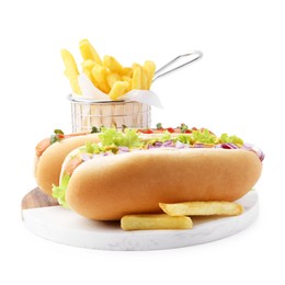 Photo of Tasty hot dogs with fries isolated on white