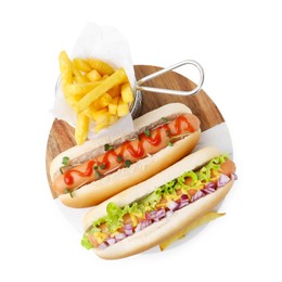 Photo of Tasty hot dogs with fries isolated on white, top view