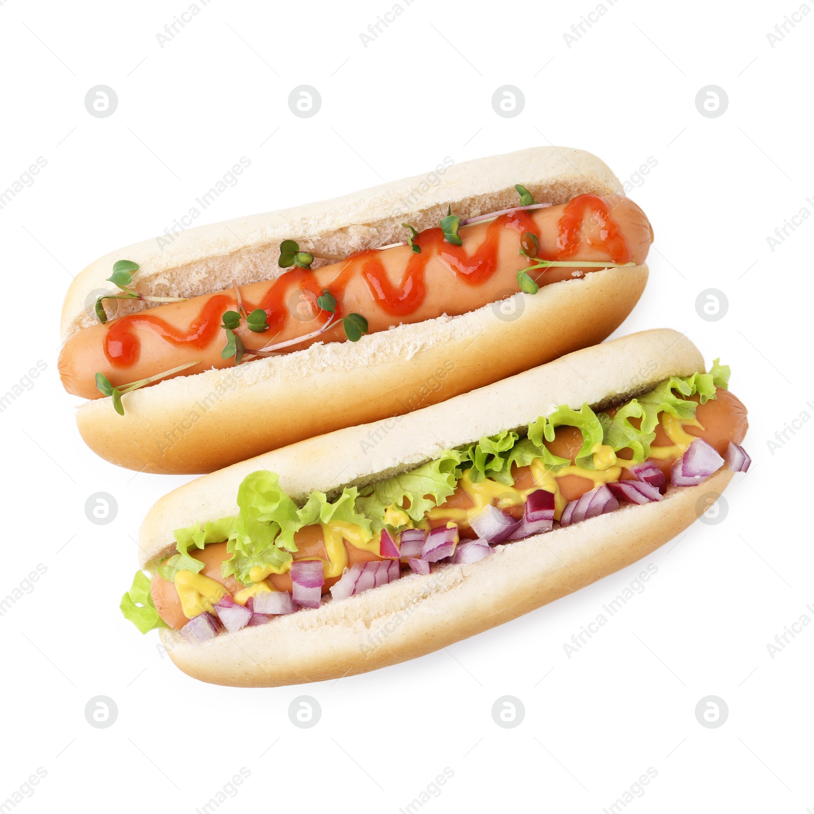 Photo of Two tasty hot dogs isolated on white, top view