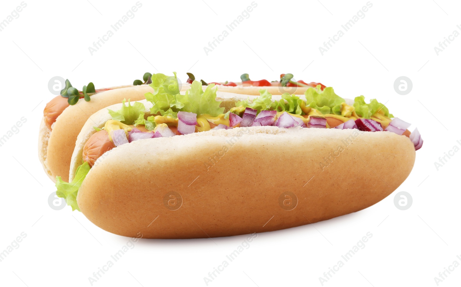 Photo of Two tasty hot dogs isolated on white