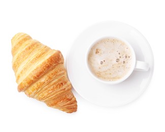 Photo of Tasty fresh croissant and cup of coffee isolated on white, top view. Puff pastry