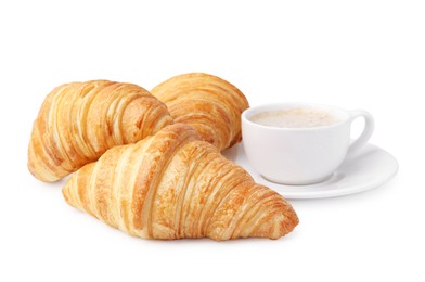 Photo of Tasty fresh croissants and cup of coffee isolated on white. Puff pastry