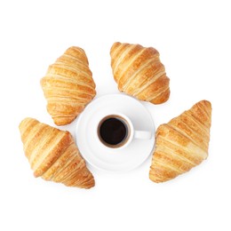 Photo of Tasty fresh croissants and cup of coffee isolated on white, top view. Puff pastry