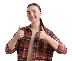 Happy woman showing thumbs up on white background. Like gesture