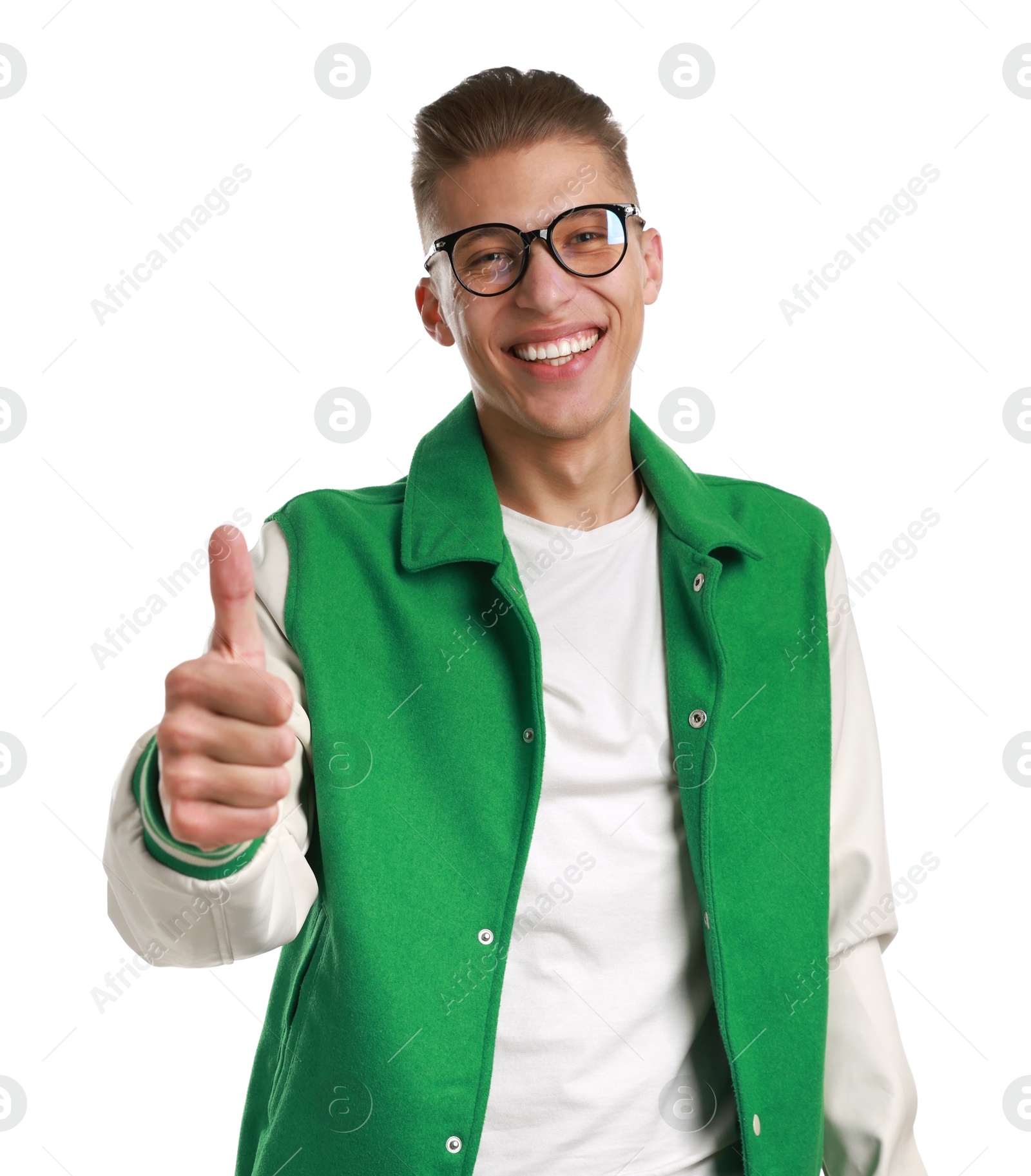 Photo of Happy man showing thumbs up on white background. Like gesture