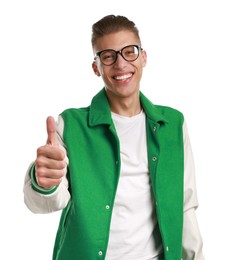 Photo of Happy man showing thumbs up on white background. Like gesture