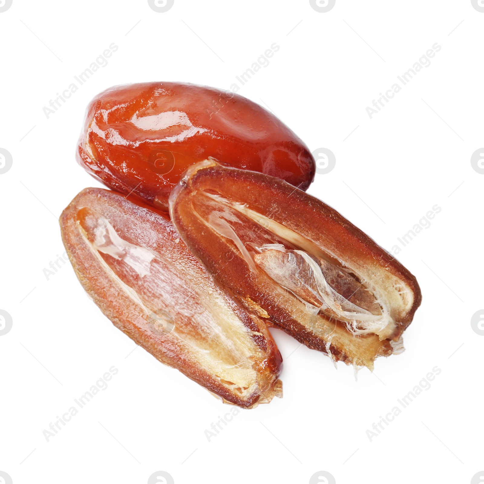 Photo of Tasty sweet dried dates isolated on white, top view