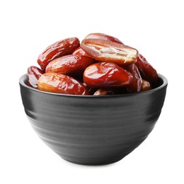 Photo of Tasty dried dates in bowl isolated on white