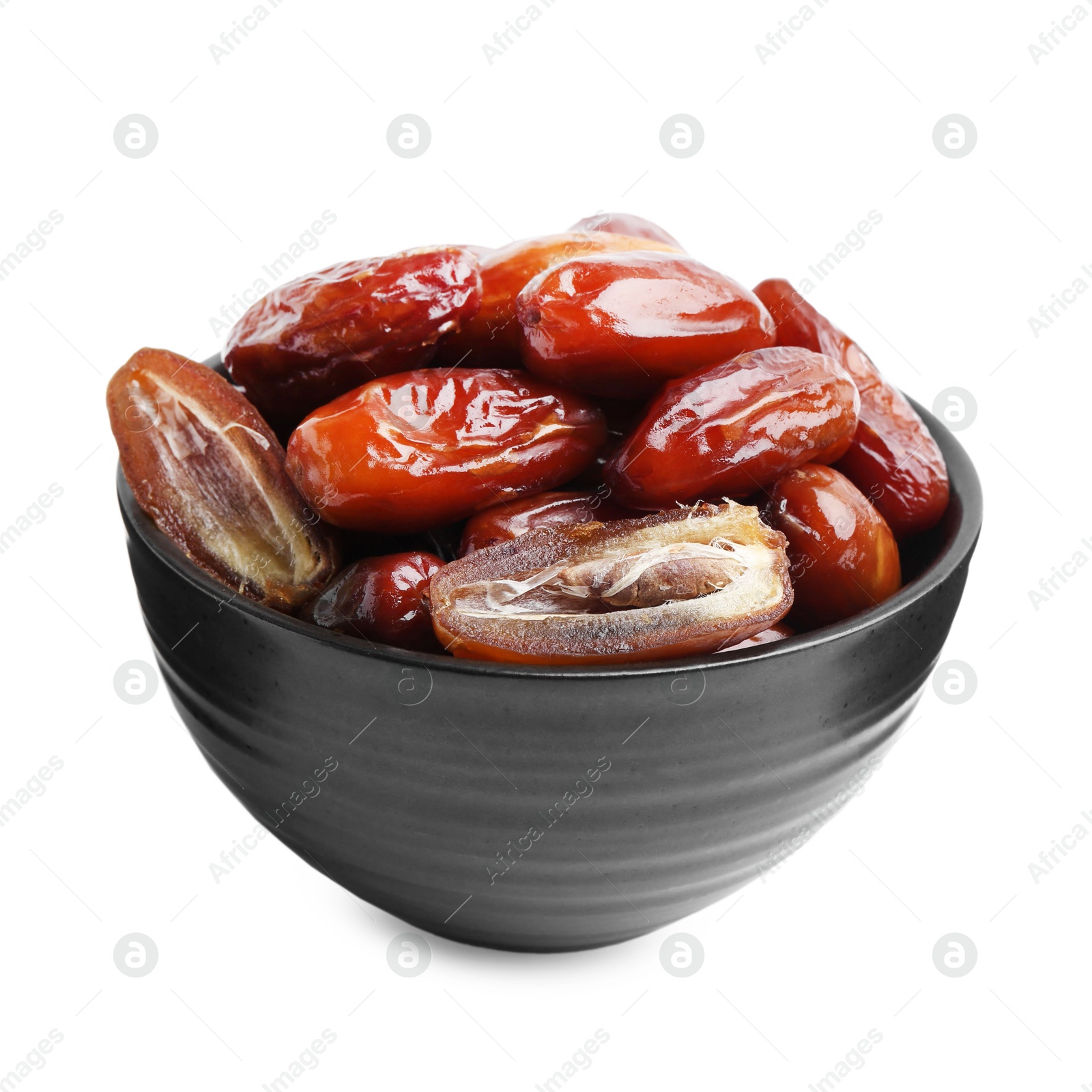 Photo of Tasty dried dates in bowl isolated on white