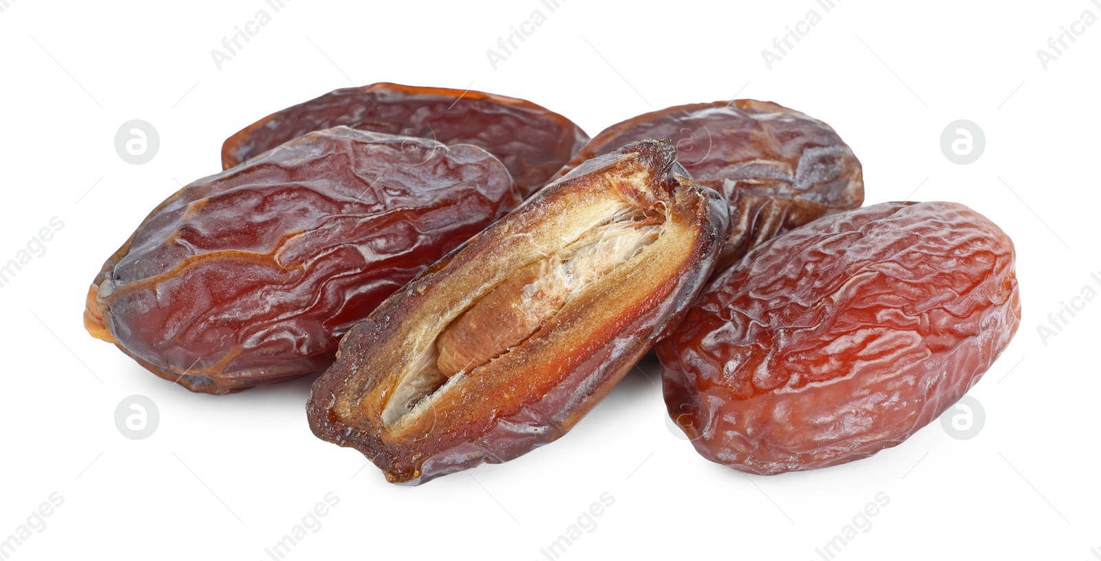 Photo of Many tasty dried dates isolated on white