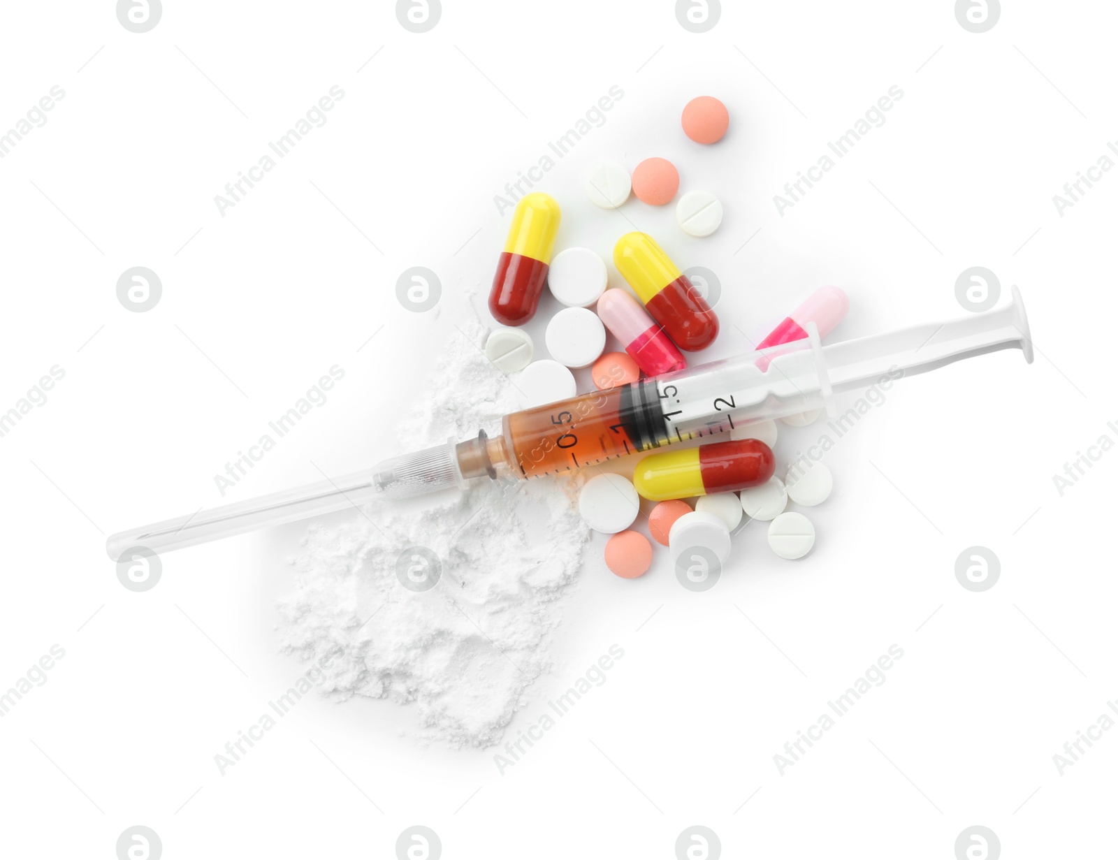 Photo of Drug addiction. Different pills, syringe and powder isolated on white, top view