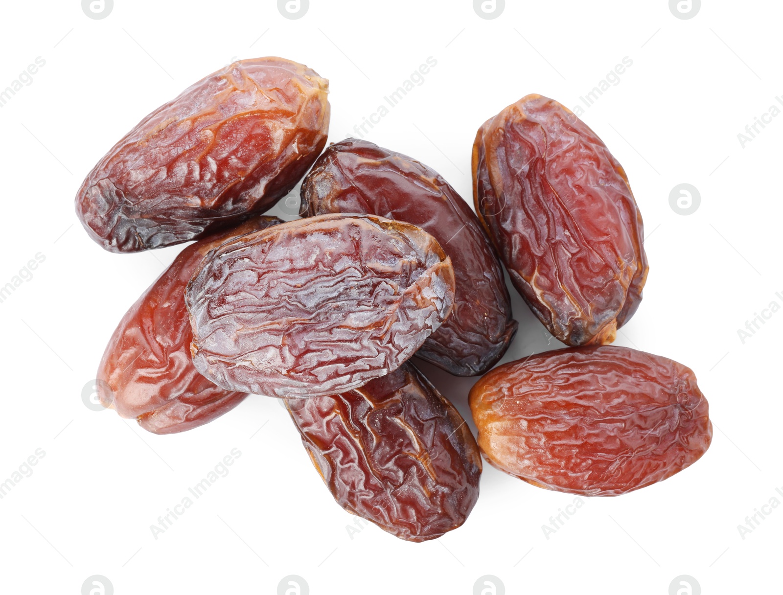 Photo of Many tasty dried dates isolated on white, top view