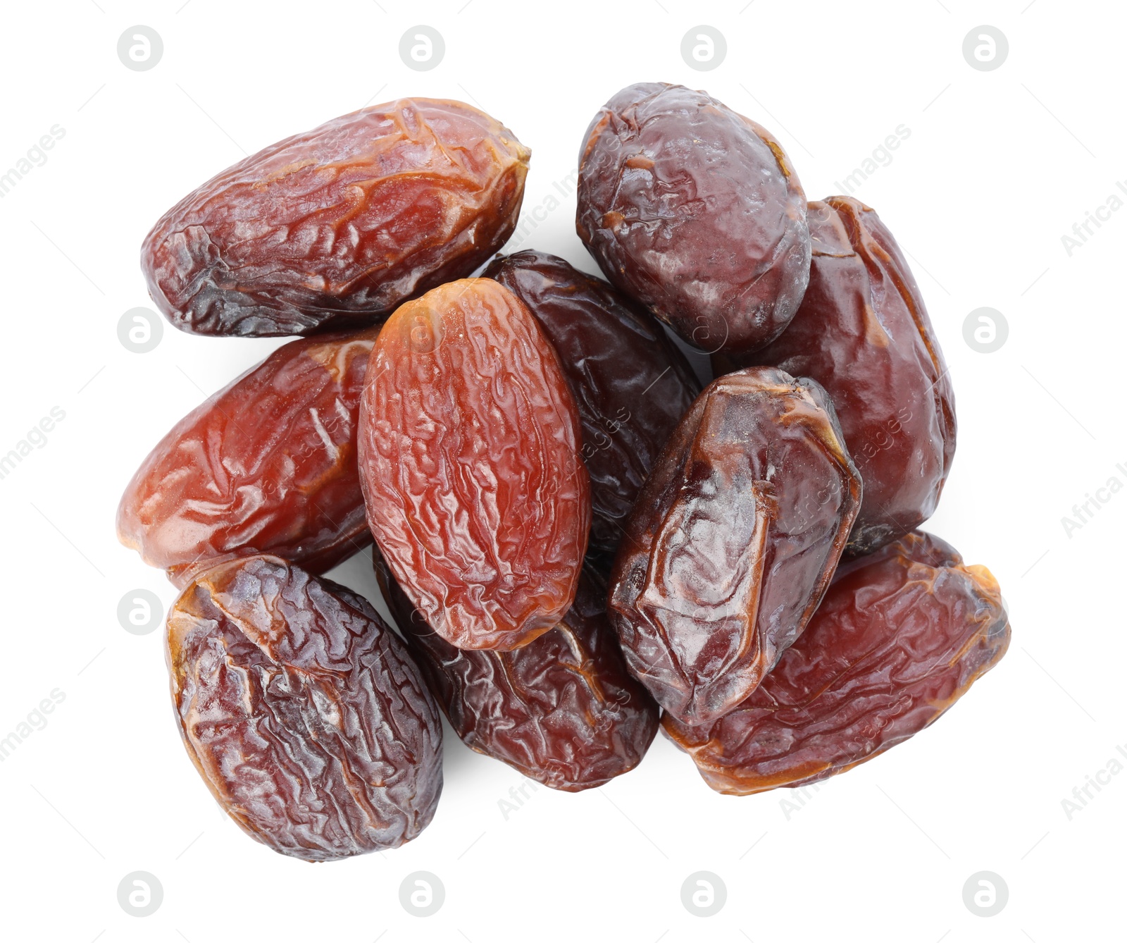 Photo of Many tasty dried dates isolated on white, top view