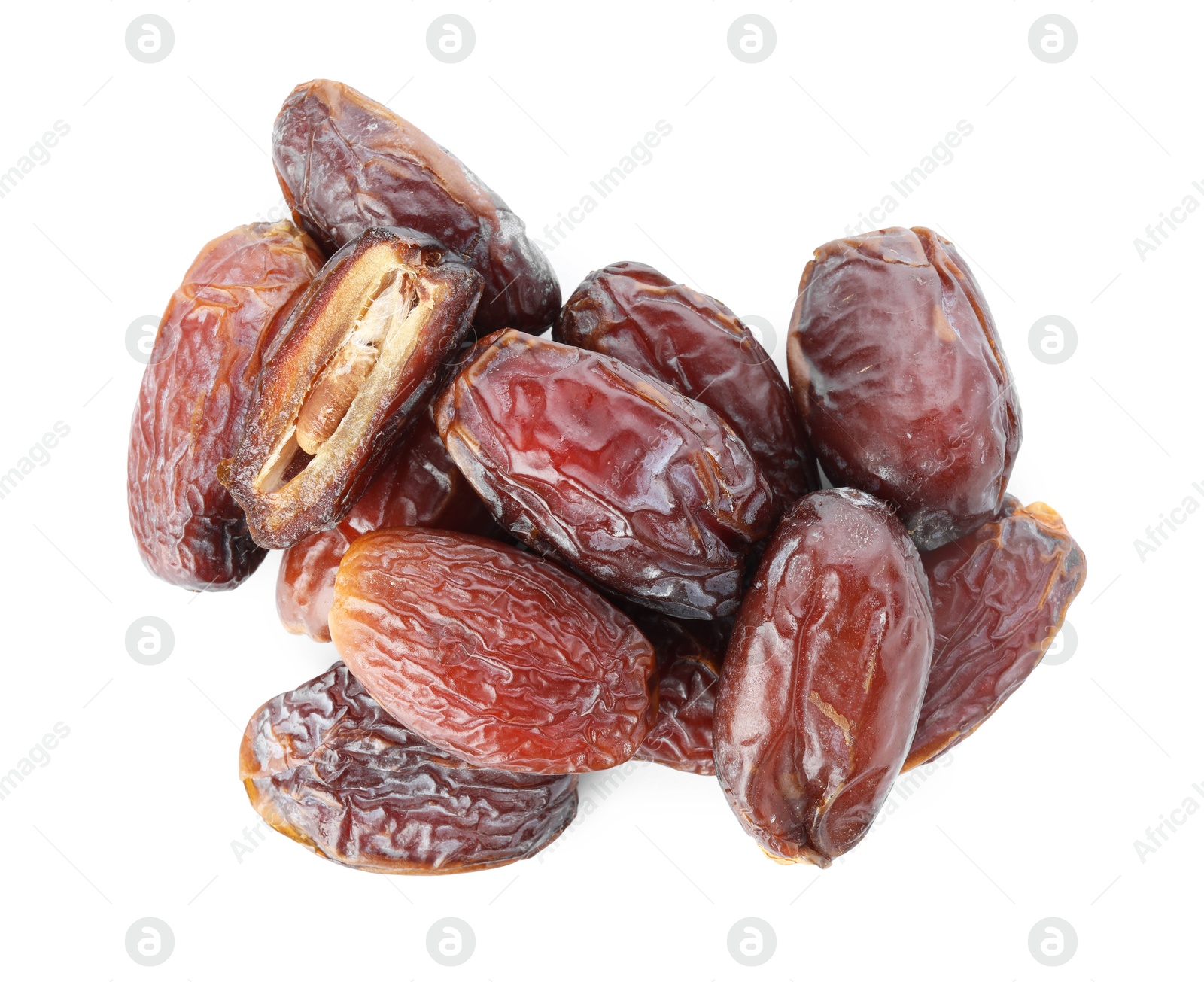 Photo of Many tasty dried dates isolated on white, top view