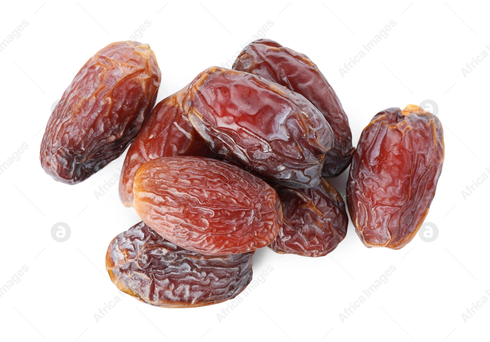 Photo of Many tasty dried dates isolated on white, top view