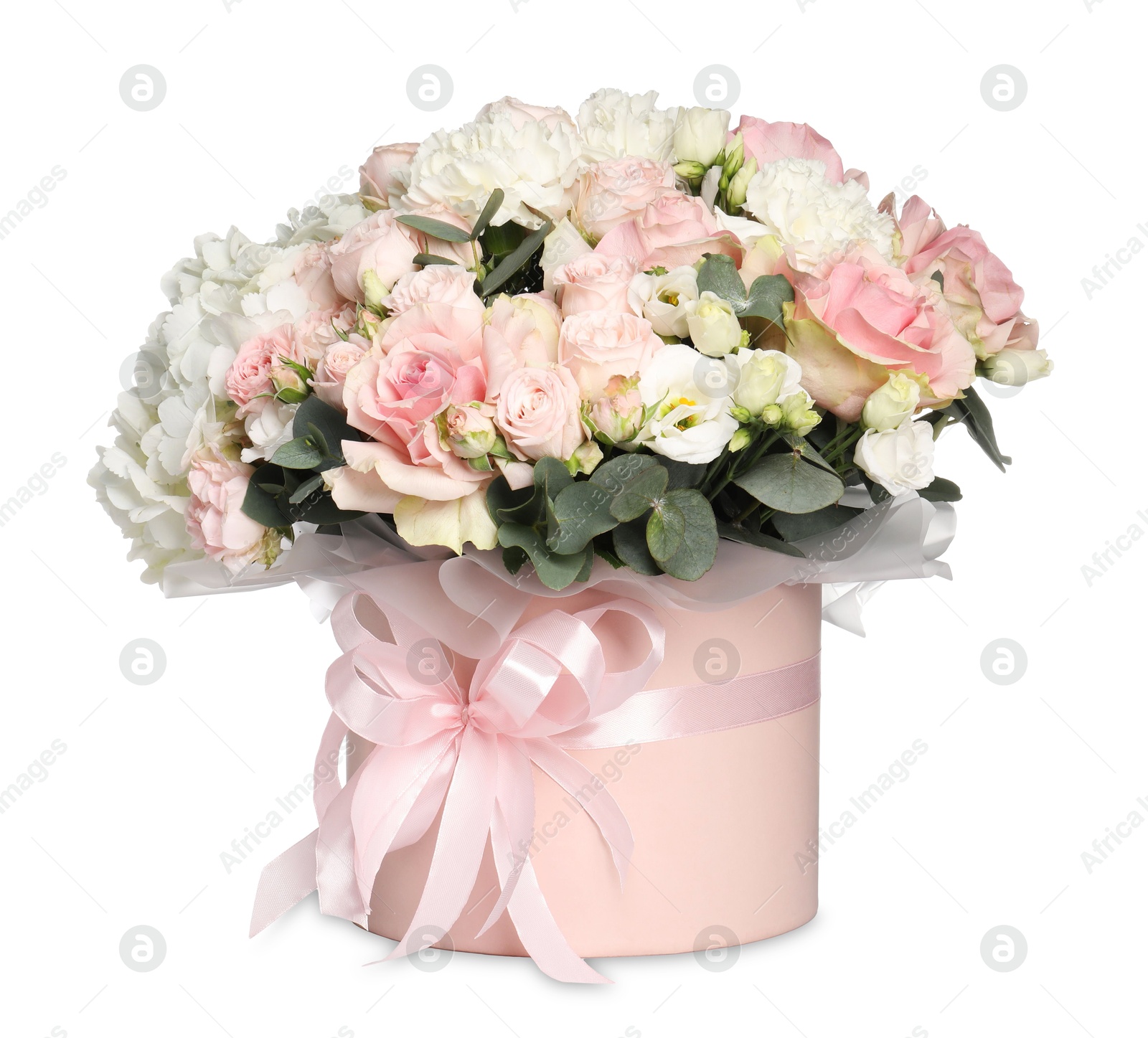 Photo of Bouquet of beautiful flowers in box isolated on white