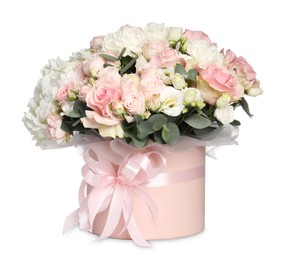 Photo of Bouquet of beautiful flowers in box isolated on white