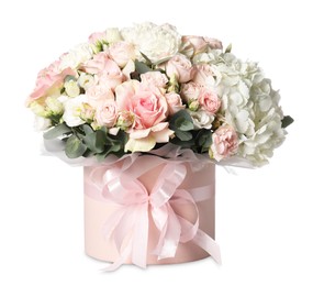 Photo of Bouquet of beautiful flowers in box isolated on white