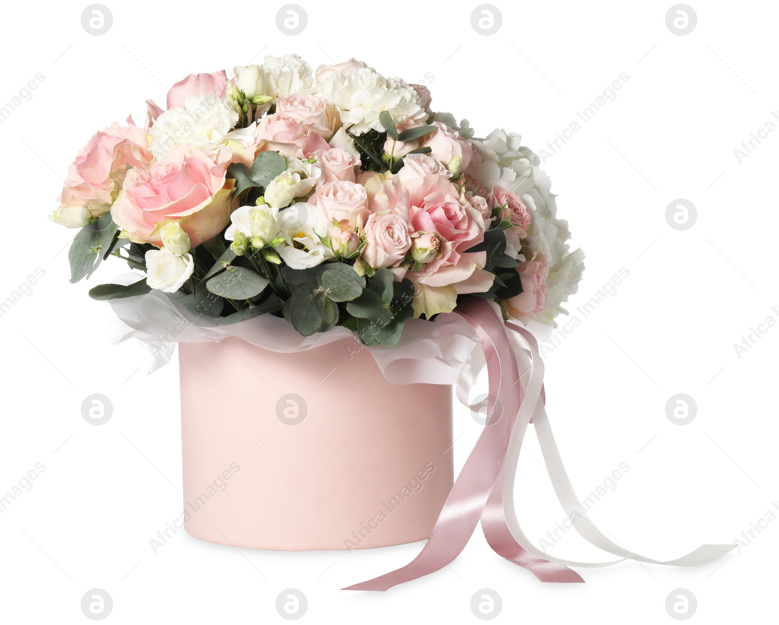 Photo of Bouquet of beautiful flowers in box isolated on white