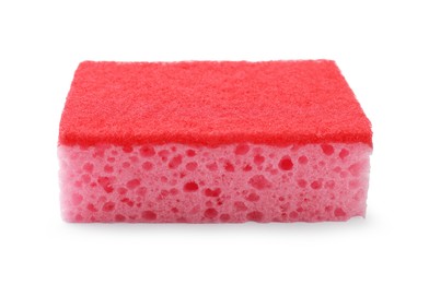 Photo of One pink sponge isolated on white. Cleaning tool