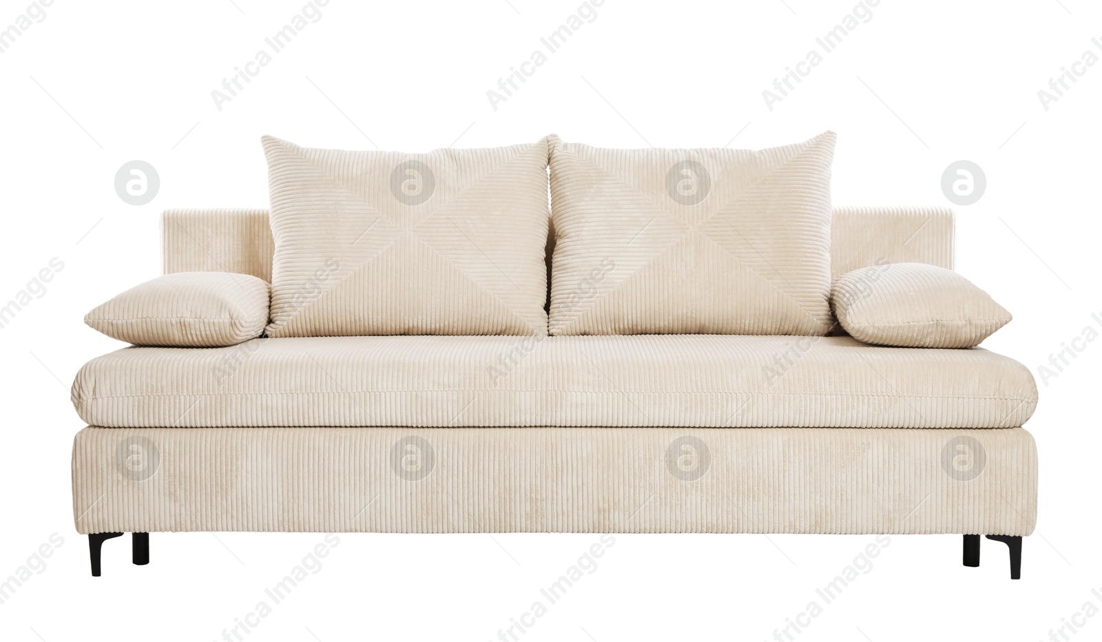 Photo of Comfortable sofa with pillows isolated on white