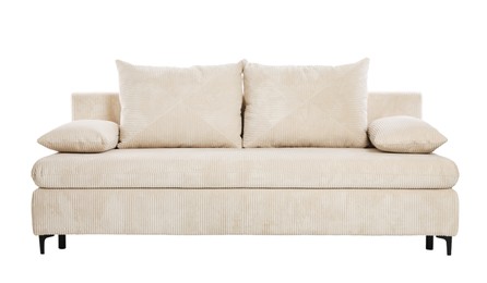 Photo of Comfortable sofa with pillows isolated on white