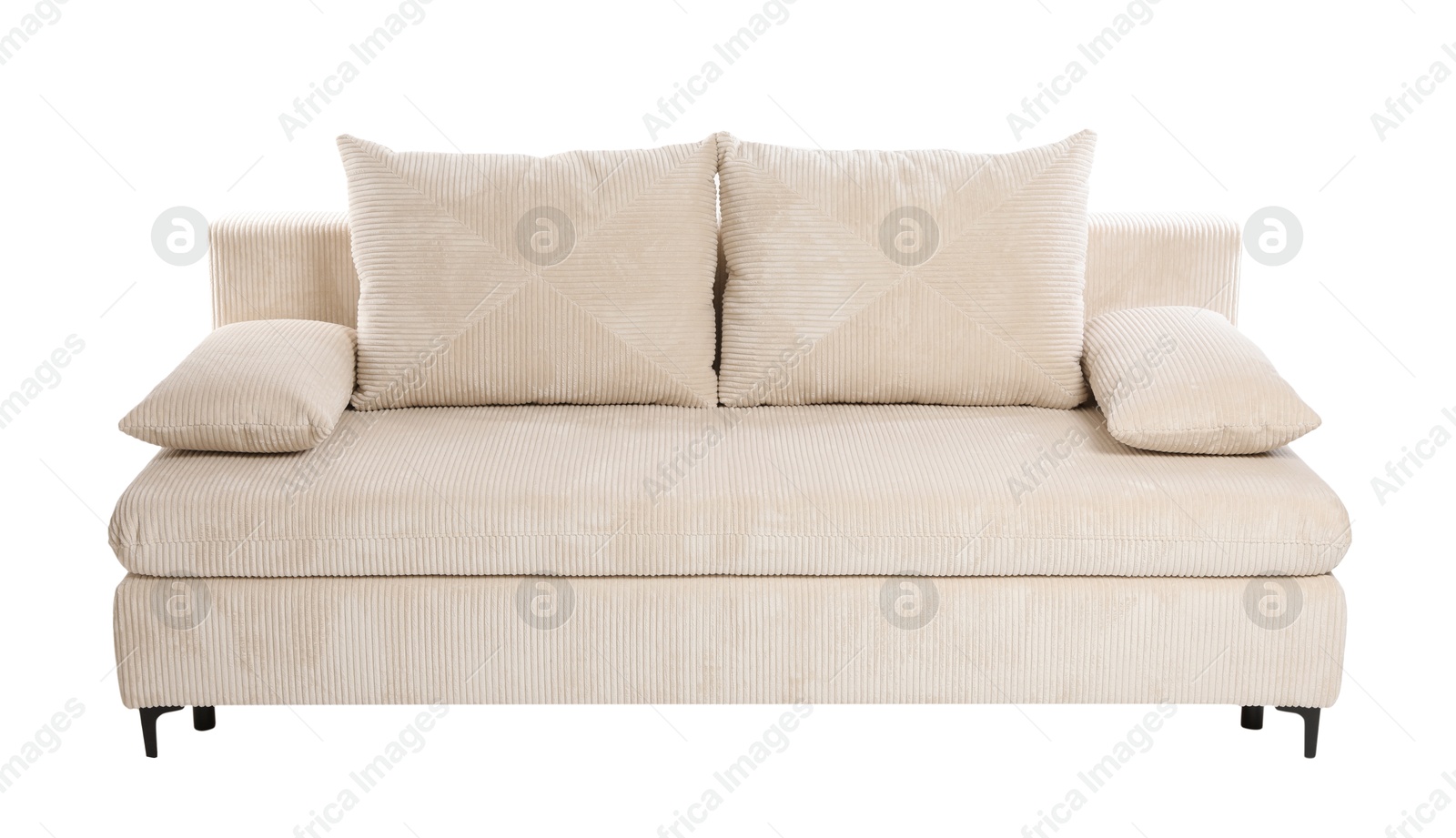 Photo of Comfortable sofa with pillows isolated on white