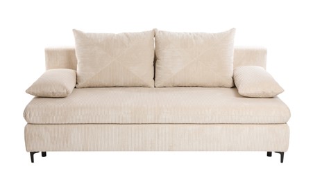 Photo of Comfortable sofa with pillows isolated on white