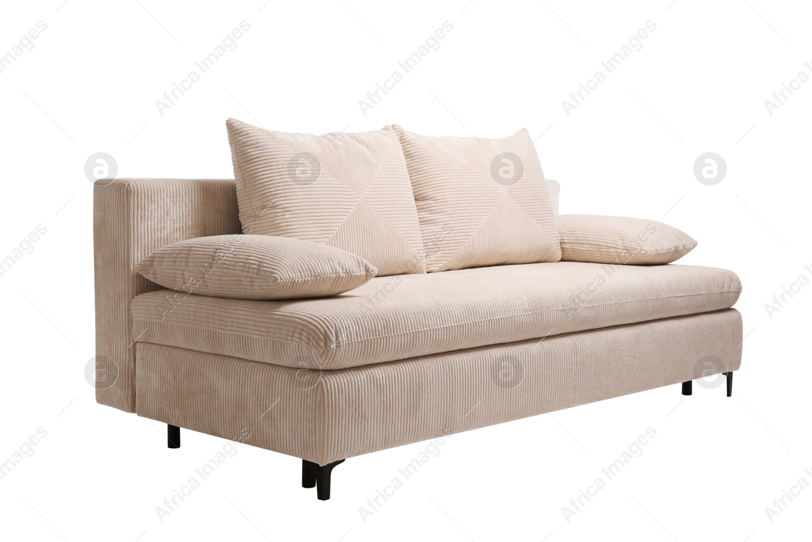 Photo of Comfortable sofa with pillows isolated on white