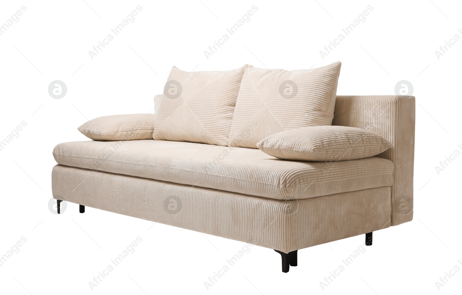 Photo of Comfortable sofa with pillows isolated on white