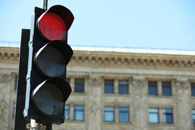 Photo of View of traffic light in city on sunny day, space for text