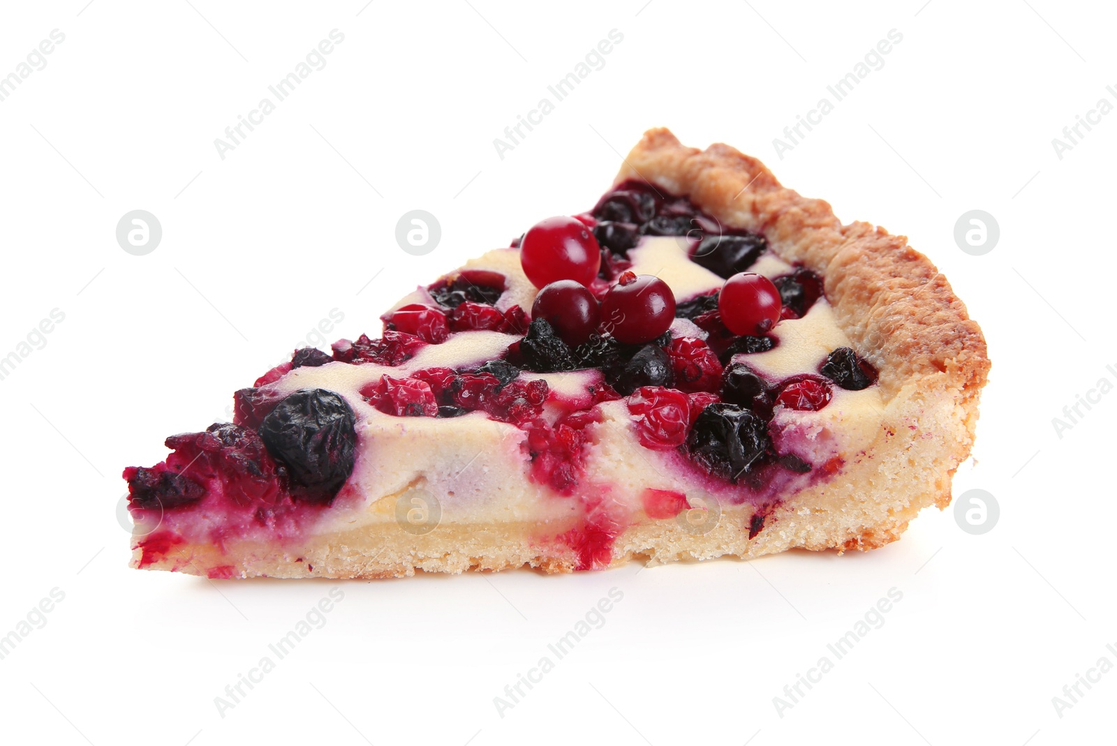 Photo of Piece of delicious currant pie isolated on white