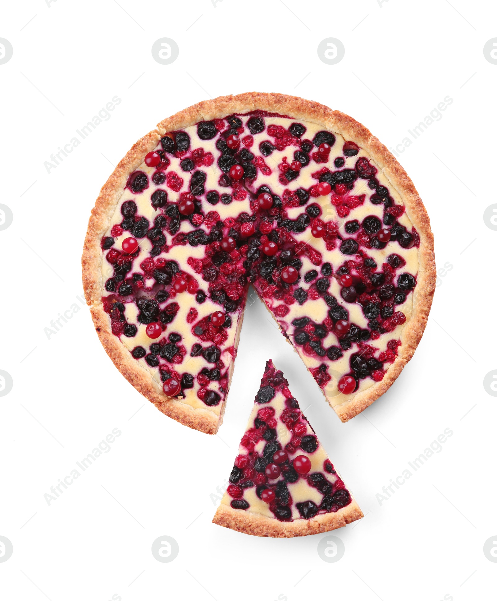 Photo of Delicious cut currant pie isolated on white, top view