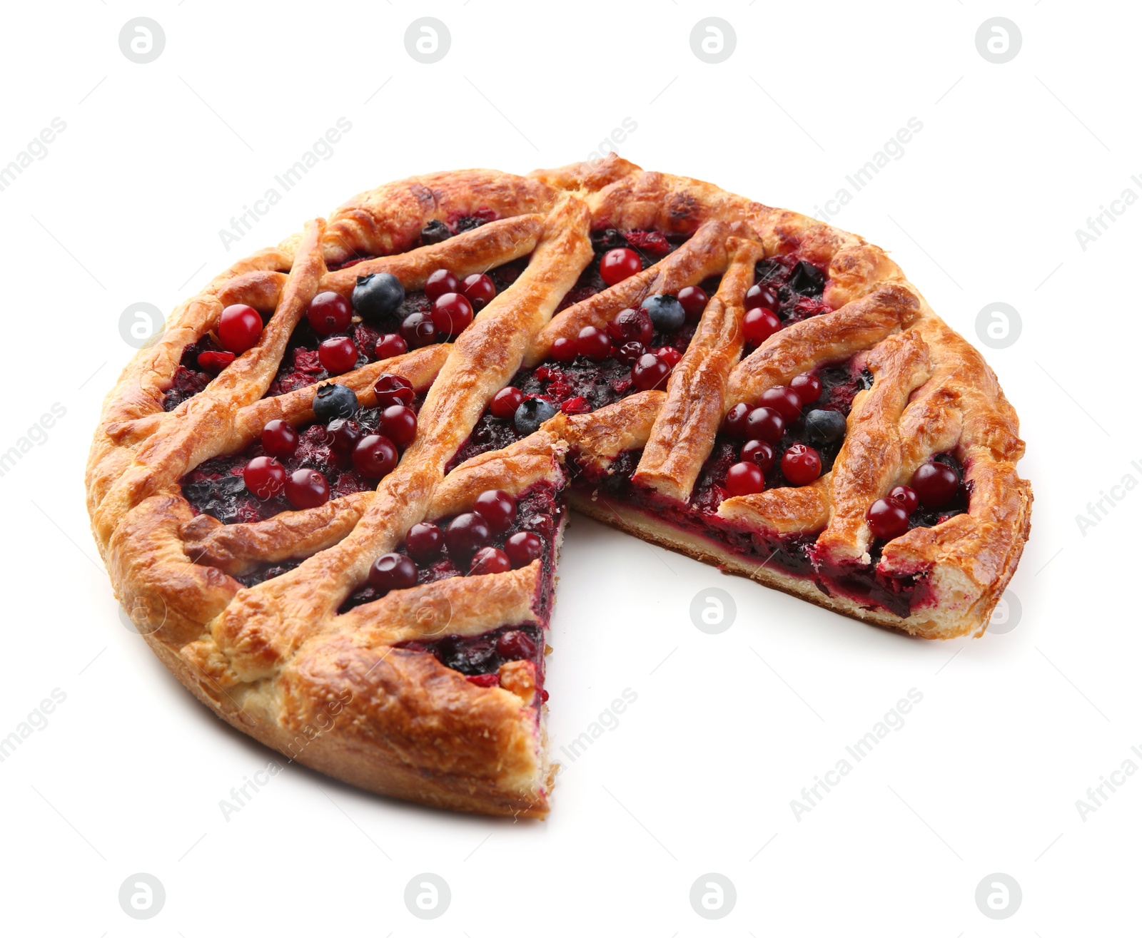 Photo of Delicious cut currant pie and fresh berries isolated on white