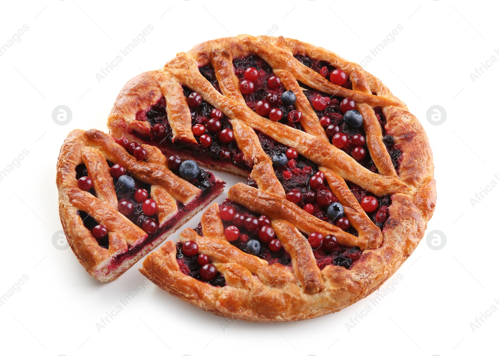 Photo of Delicious cut currant pie and fresh berries on white background