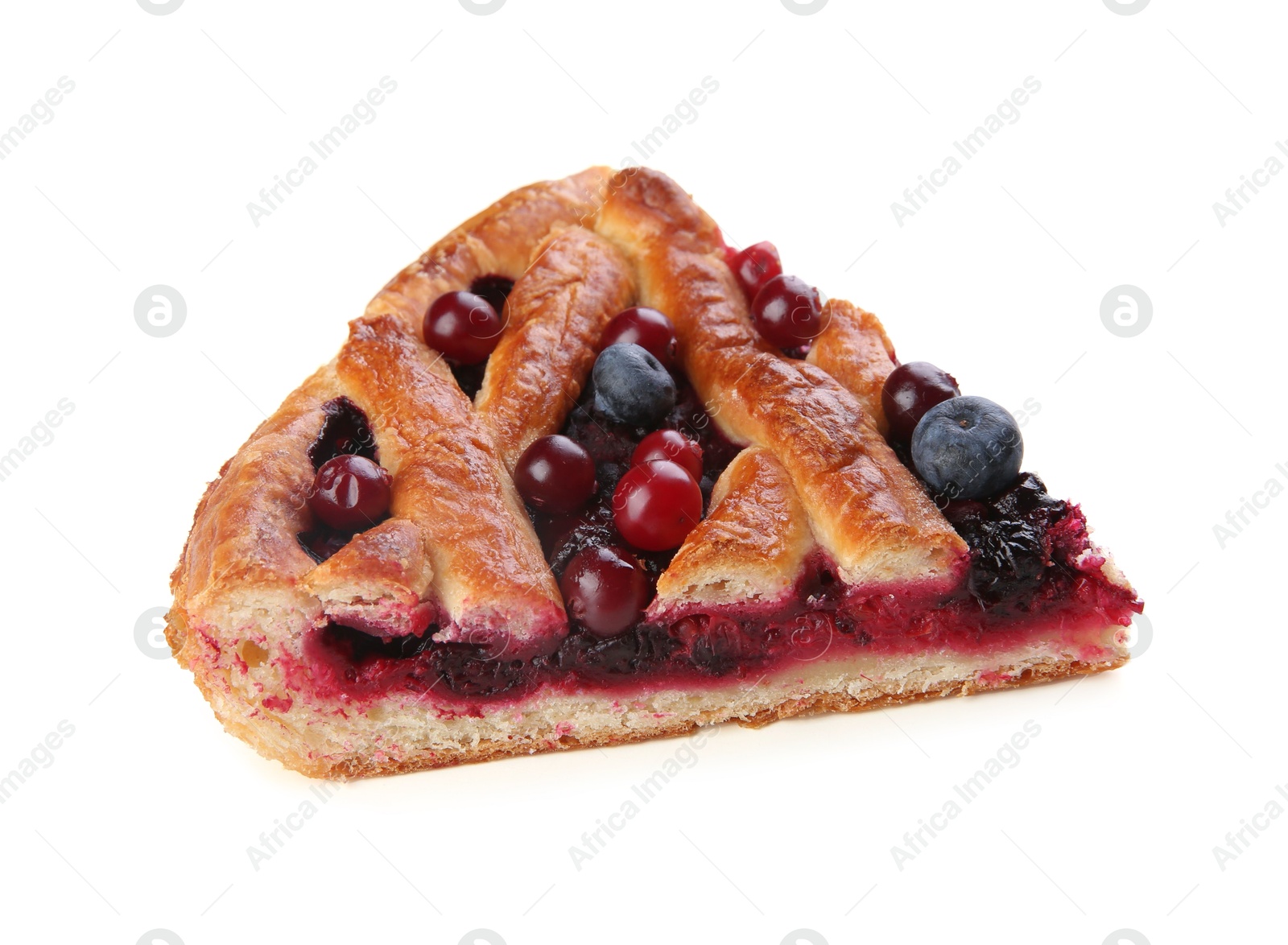 Photo of Piece of delicious currant pie and fresh berries isolated on white