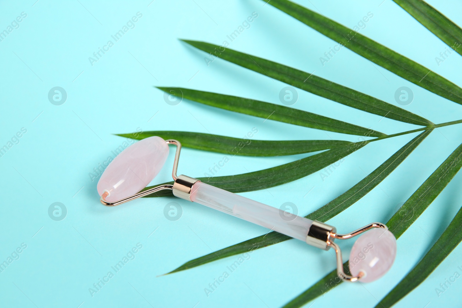 Photo of Rose quartz face roller and palm leaf on light blue background