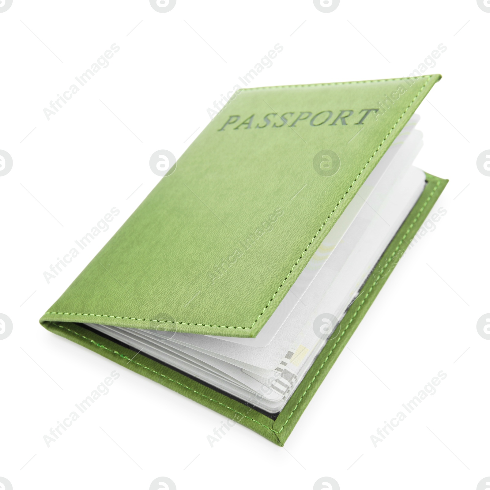 Photo of Passport in green cover isolated on white