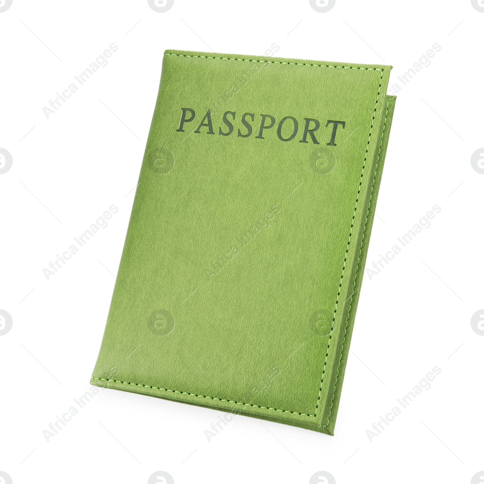 Photo of Passport in green cover isolated on white, top view