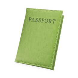 Photo of Passport in green cover isolated on white, top view