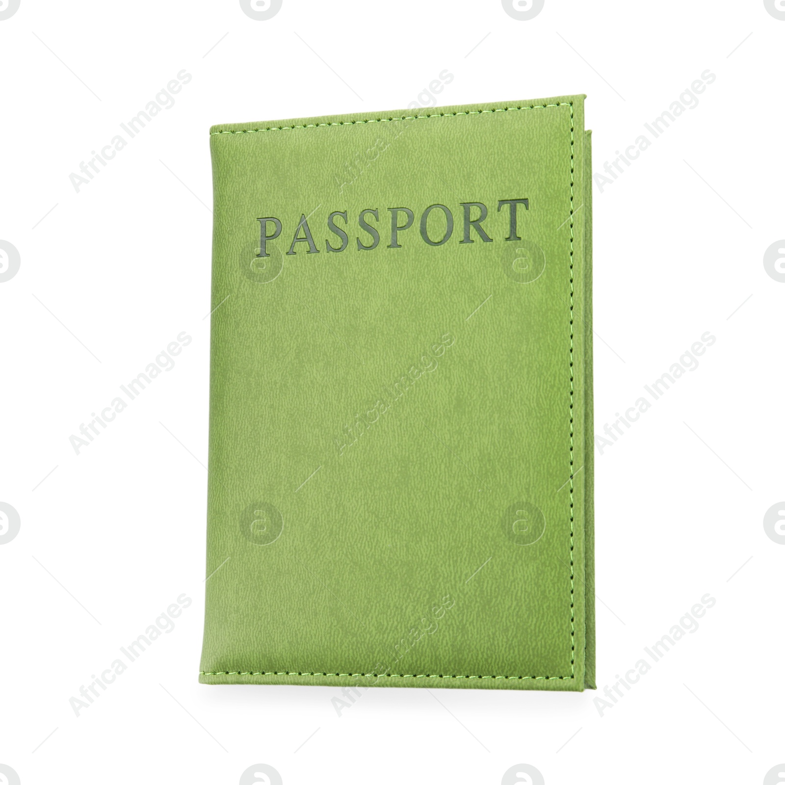 Photo of Passport in green cover isolated on white, top view