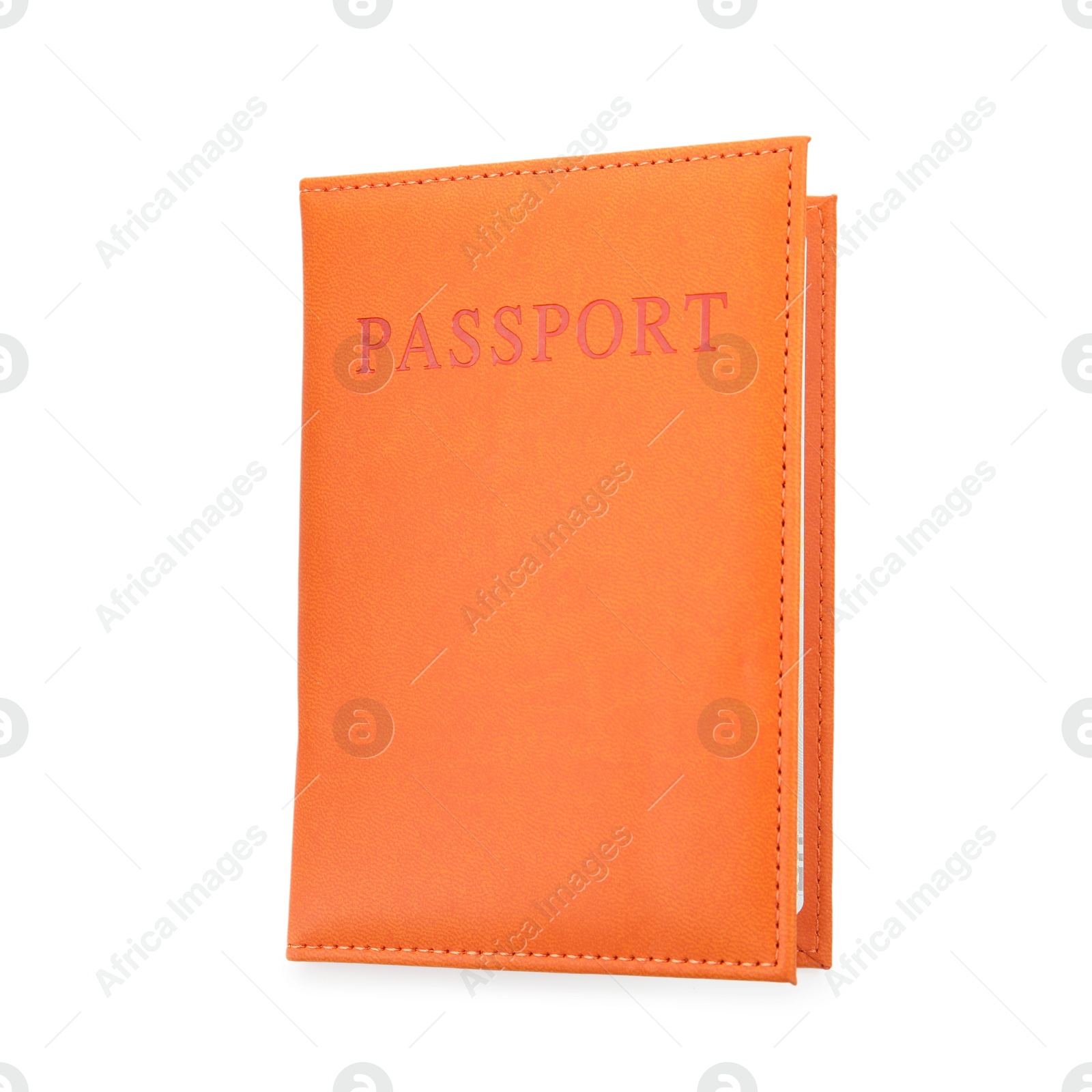 Photo of Passport in orange cover isolated on white, top view