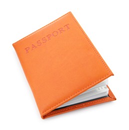 Photo of Passport in orange cover isolated on white