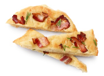 Photo of Slices of delicious focaccia bread with bacon and rosemary isolated on white, top view