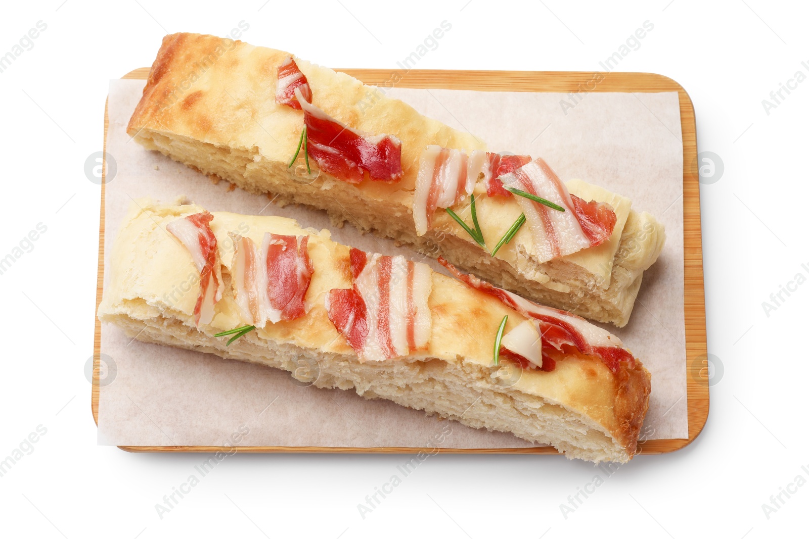 Photo of Slices of delicious focaccia bread with bacon and rosemary isolated on white, top view