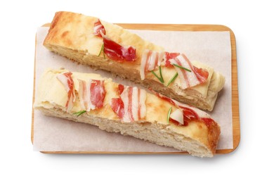 Photo of Slices of delicious focaccia bread with bacon and rosemary isolated on white, top view